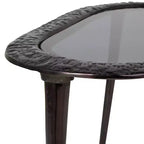 Tavolino ovale con base in alluminio e piano in vetro