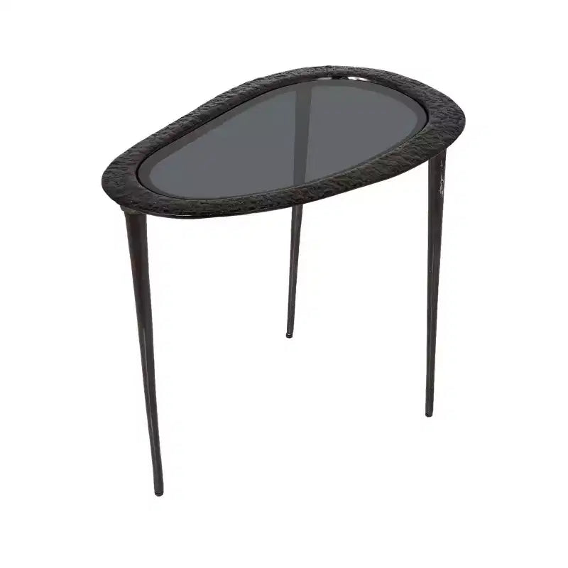 Tavolino ovale con base in alluminio e piano in vetro