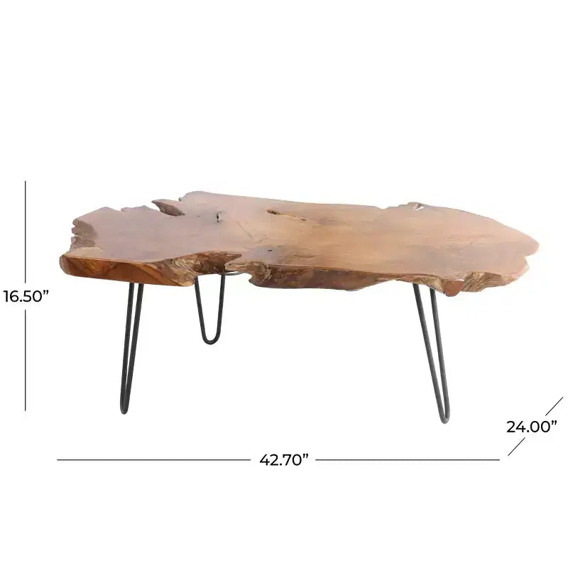 Tavolino da Caffè in Legno Teak Bordo Naturale con Gambe a Forcina in Metallo Nero