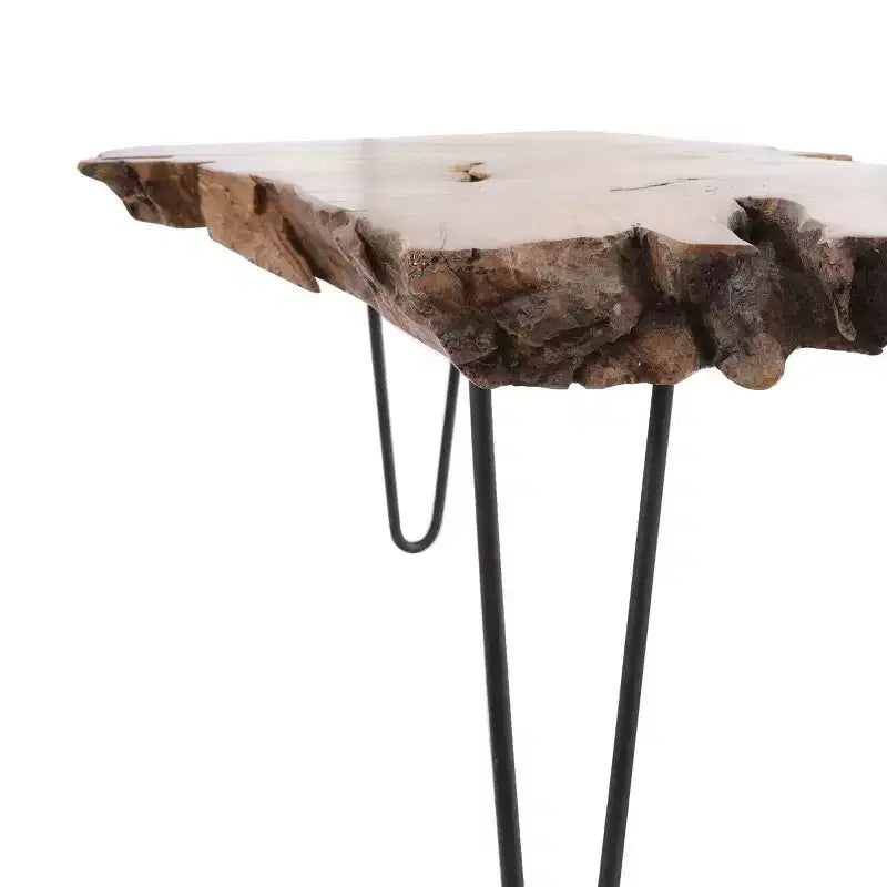 Tavolino da Caffè in Legno Teak Bordo Naturale con Gambe a Forcina in Metallo Nero