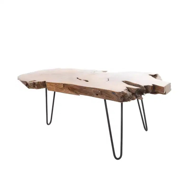 Tavolino da Caffè in Legno Teak Bordo Naturale con Gambe a Forcina in Metallo Nero