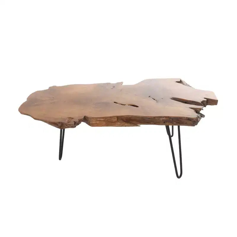 Tavolino da Caffè in Legno Teak Bordo Naturale con Gambe a Forcina in Metallo Nero