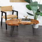 Tavolino da Caffè in Legno Teak Bordo Naturale con Gambe a Forcina in Metallo Nero