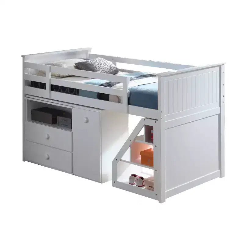 Letto a soppalco singolo con scala contenitore – Struttura in legno bianco