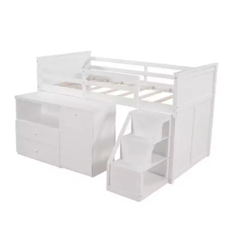 Letto a soppalco singolo con scala contenitore – Struttura in legno bianco