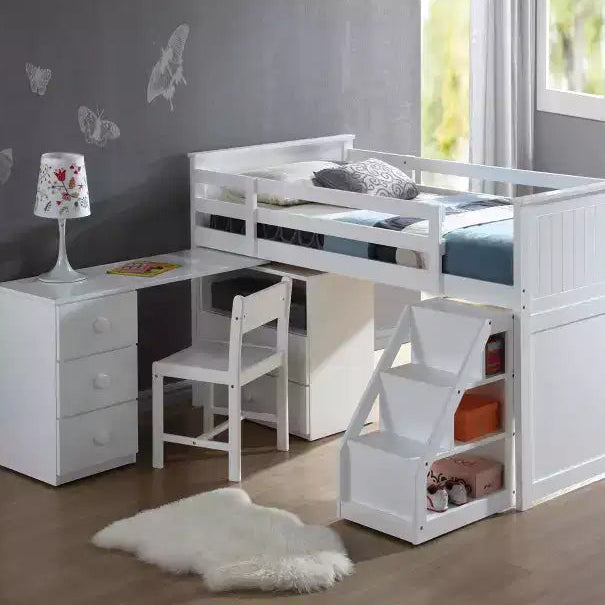Letto a soppalco singolo con scala contenitore – Struttura in legno bianco