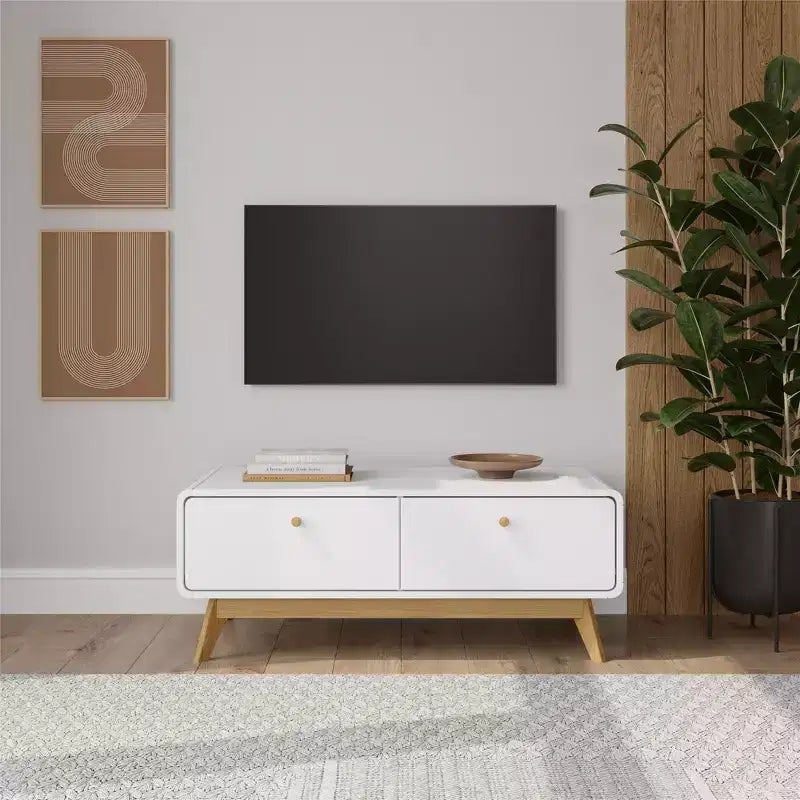 Mobile TV con 2 cassetti e console d'intrattenimento in stile scandinavo, bianco