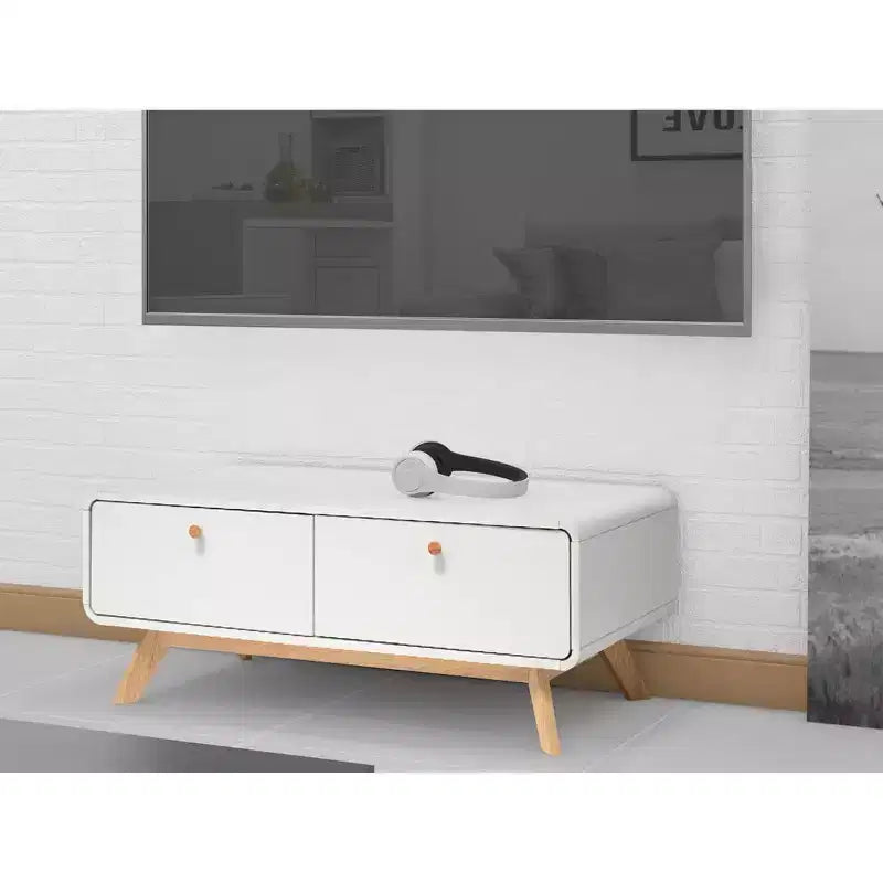 Mobile TV con 2 cassetti e console d'intrattenimento in stile scandinavo, bianco