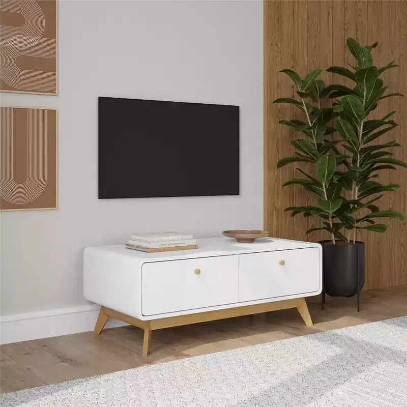 Mobile TV con 2 cassetti e console d'intrattenimento in stile scandinavo, bianco