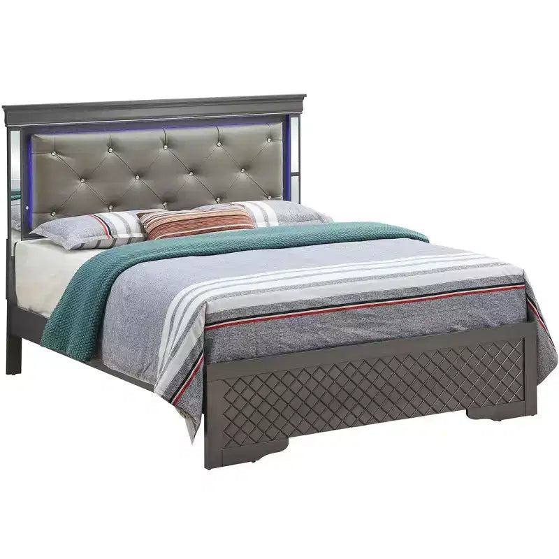 Letto imbottito con testiera a LED e profili a specchio