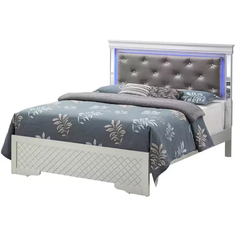 Letto imbottito con testiera a LED e profili a specchio