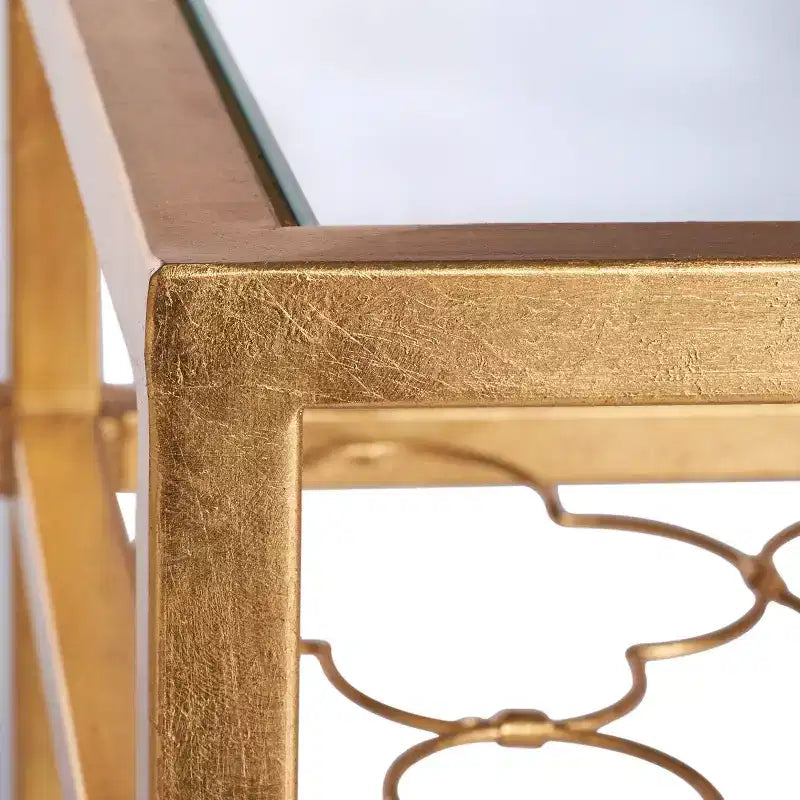 Tavolino in vetro con foglia d'oro