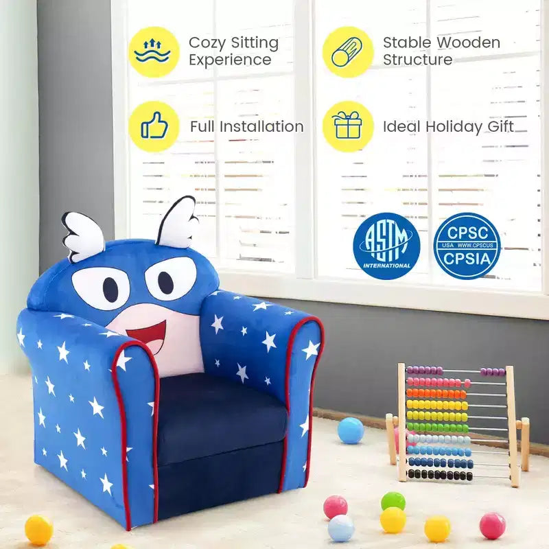 Divanetto Sedia Imbottito per Bambini – Poltroncina per Bambini con Struttura in Legno, Blu Marino
