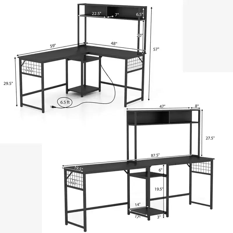 Scrivania a L con Presa Elettrica – Scrivania ad Angolo Convertibile per 1–2 Utenti