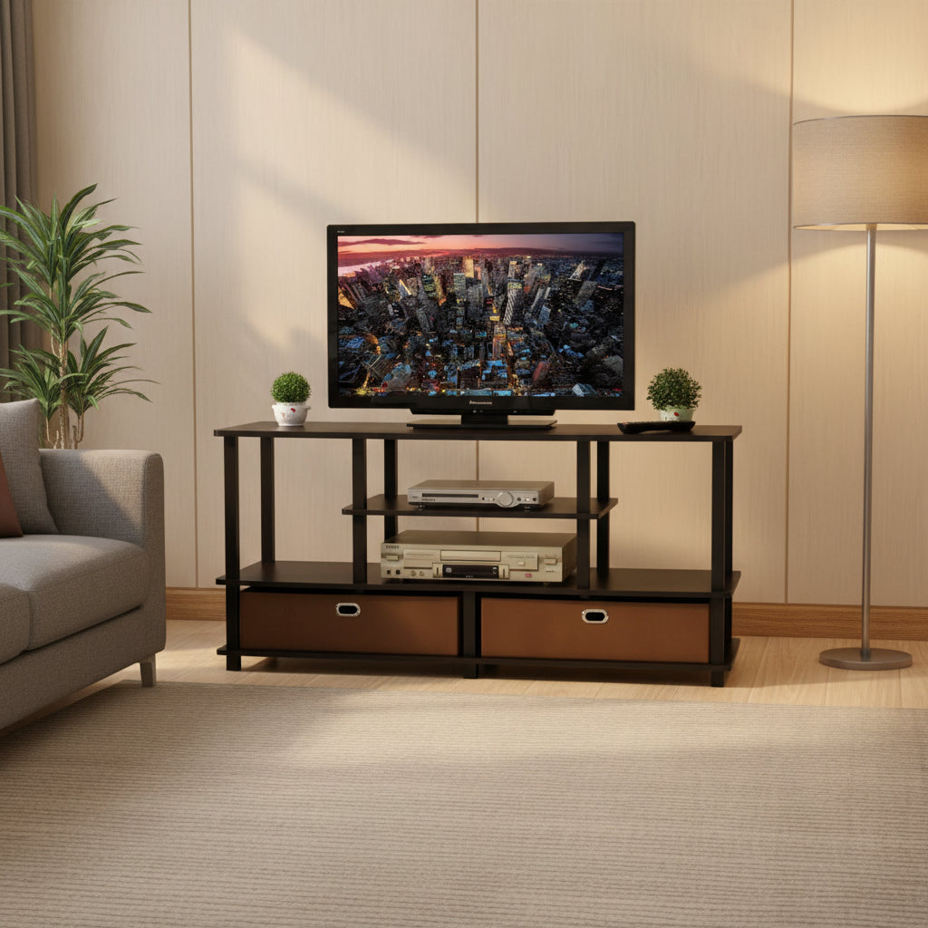 Furinno 4-Tier Large TV Stand for TVs up to 55 TV Console Table w/Open Bookcase Shelves & 2 Storage Drawers