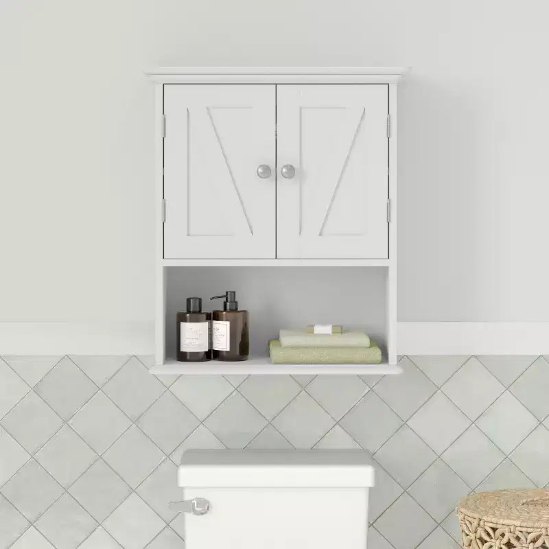Pensile da bagno a muro con ripiano regolabile, ripiano inferiore aperto e ante con chiusura magnetica