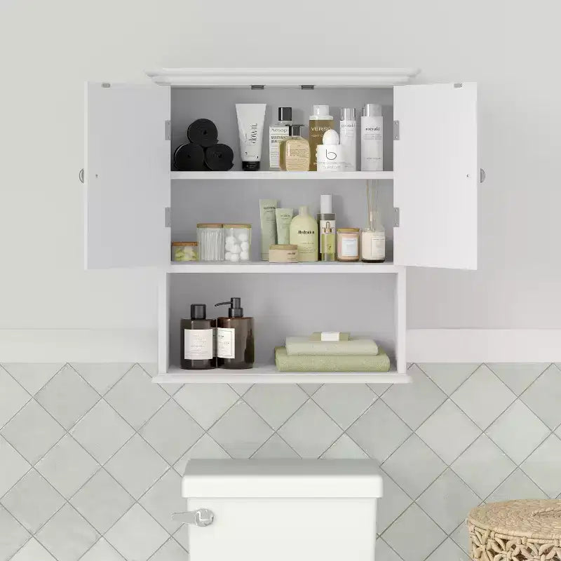Pensile da bagno a muro con ripiano regolabile, ripiano inferiore aperto e ante con chiusura magnetica