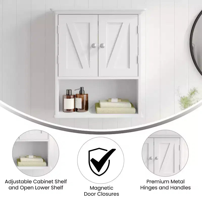 Pensile da bagno a muro con ripiano regolabile, ripiano inferiore aperto e ante con chiusura magnetica