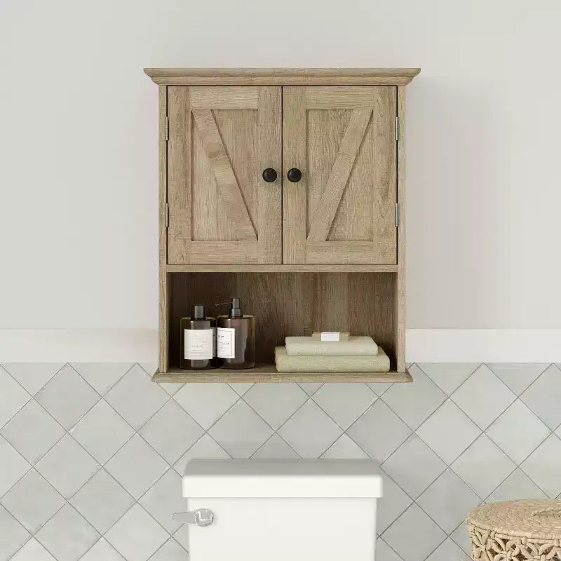 Pensile da bagno a muro con ripiano regolabile, ripiano inferiore aperto e ante con chiusura magnetica