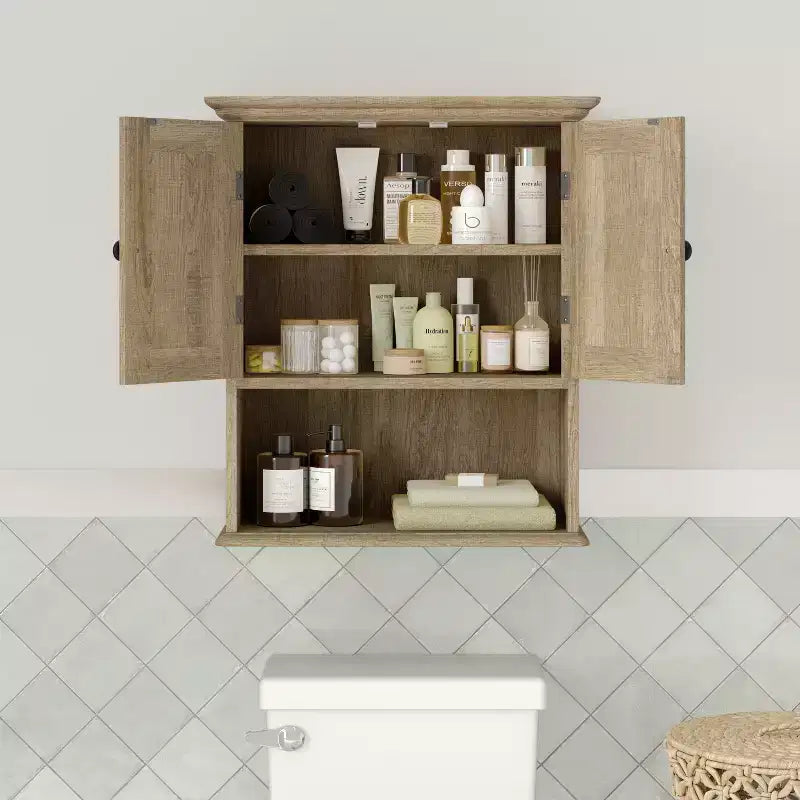 Pensile da bagno a muro con ripiano regolabile, ripiano inferiore aperto e ante con chiusura magnetica
