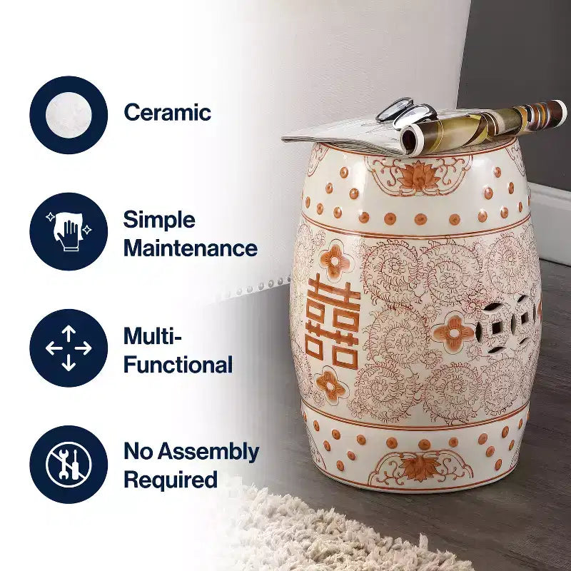 Sgabello da giardino/tavolino basso in ceramica Chinoiserie da 45,72 cm